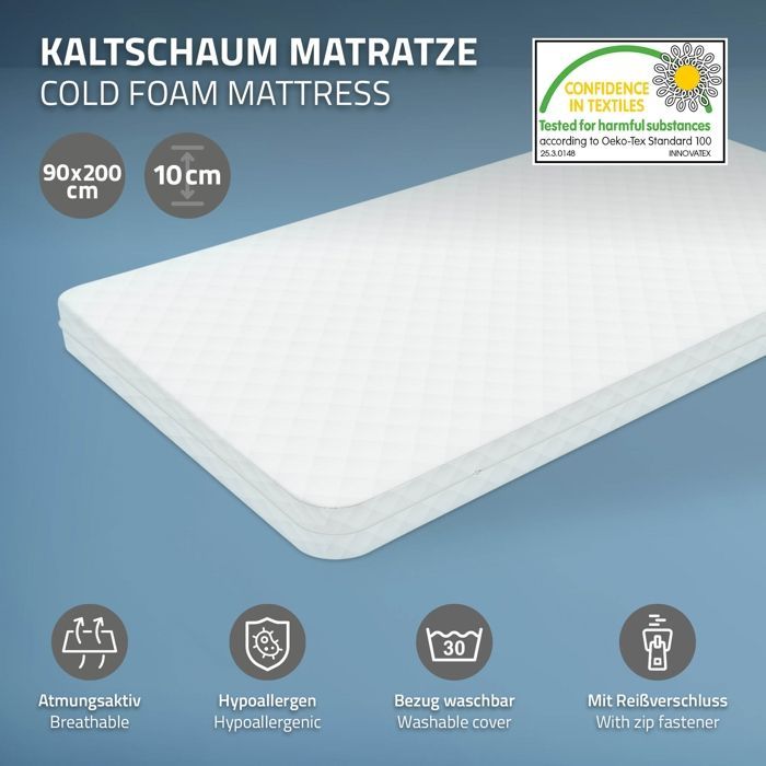 ML-Design Matelas Enfant 90x200x10 cm, en Mousse à Froid, Certifié Oeko Tex 100, avec Housse Amovible Lavable Fermeture Éclair,