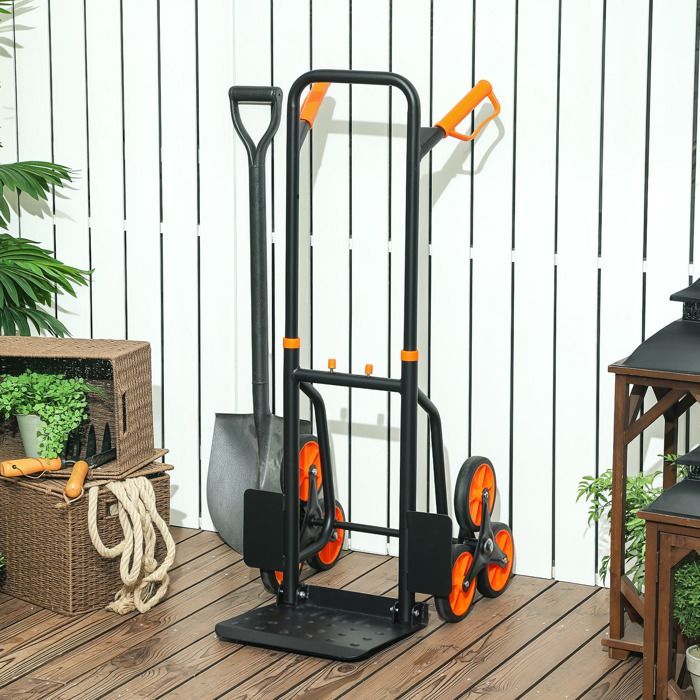 Treppensteiger-Sackkarre – DURHAND – faltbar – 120 kg – 6 Räder – Teleskopseile – Stahlrahmen – 44 x 38 x 106,5 cm – orange