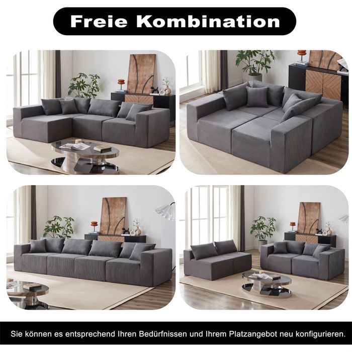 Sofá modular DRIPEX de 4 lugares em veludo cotelê, 335 cm, sofá estofado compacto com 4 almofadas, combinação livre, cinza