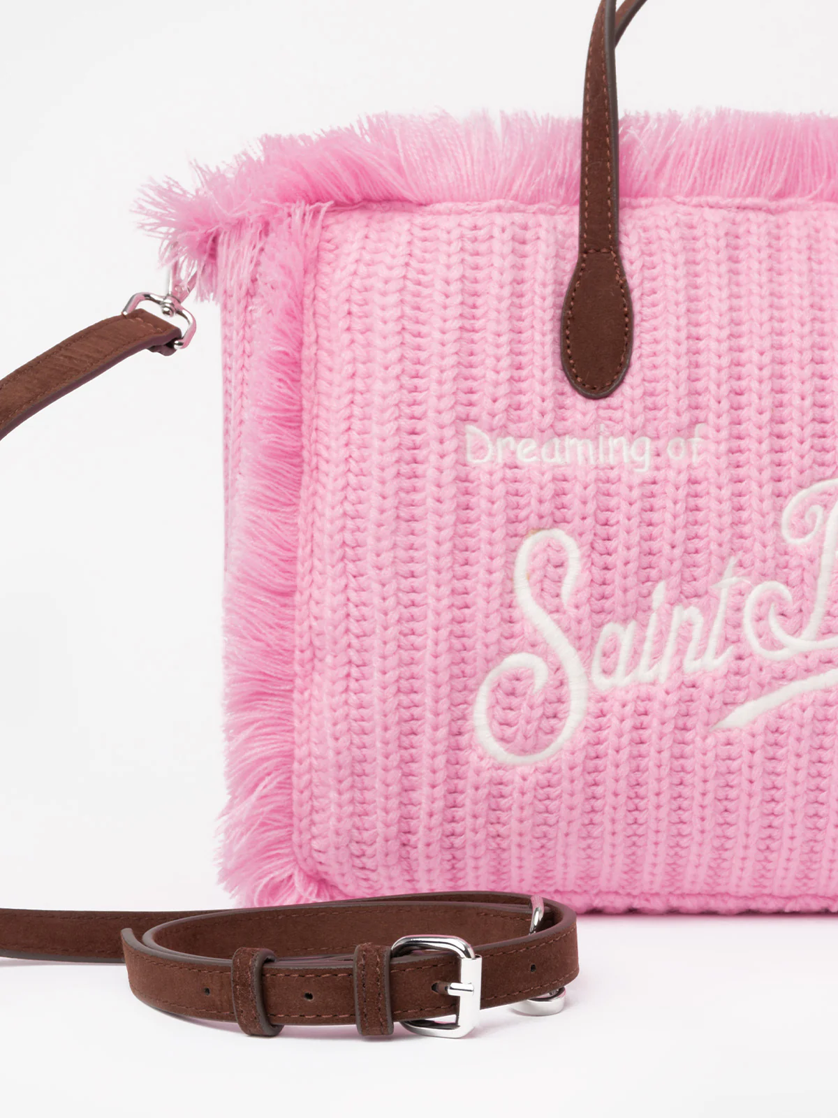 Colette fluwelen winterhandtas | Roze ribgebreid | Geborduurd logo | Binnenklep, rits en binnenvak | Afneembare schouderband | MC2 Saint Barth