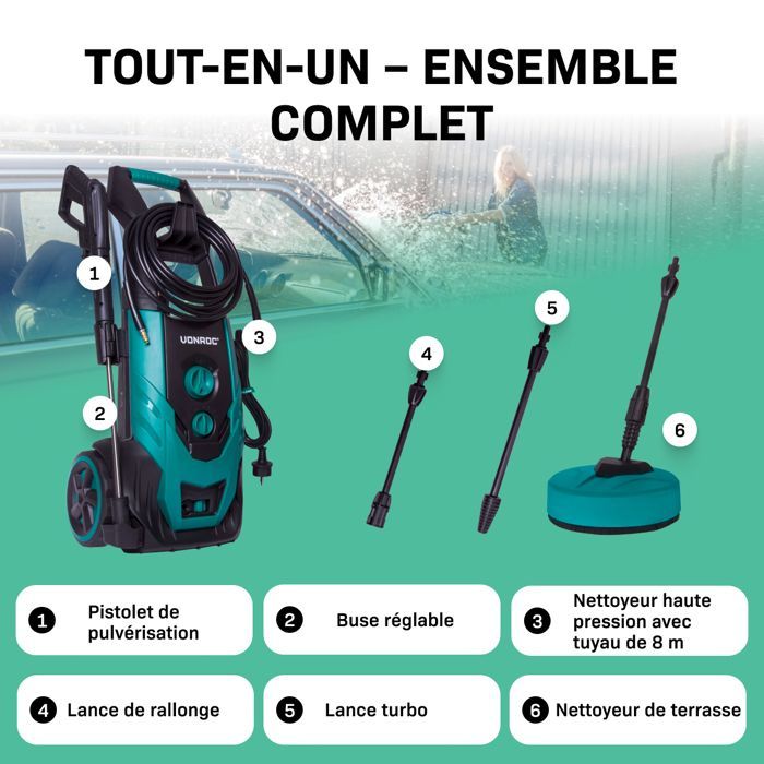 Hidrolimpiadora de alta presión 2200W – 170 bar - Depósito de detergente ajustable - Caudal 450L-h, 50° máx. - 8 accesorios incl.