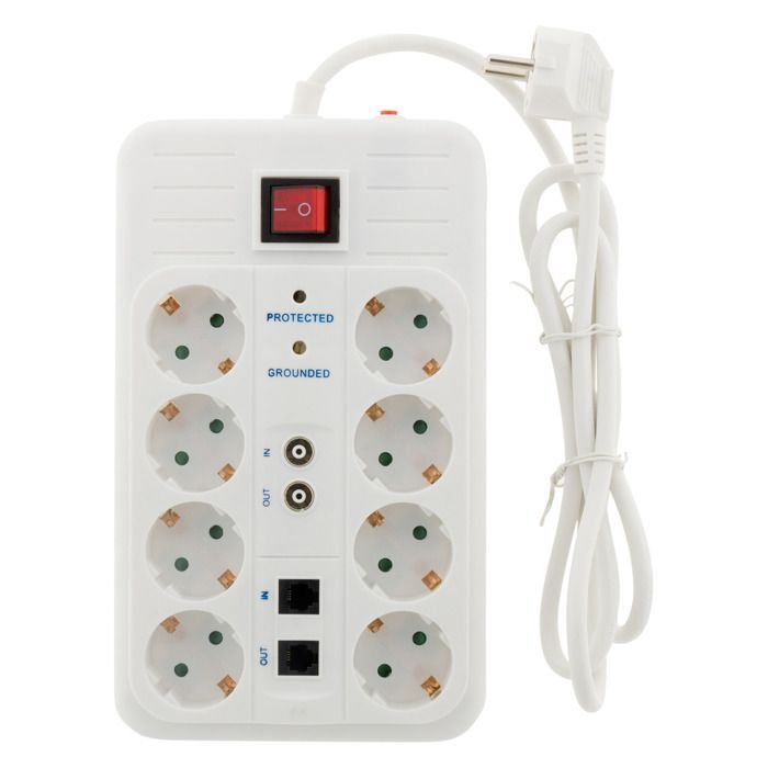 Regleta Schuko de 8 tomas con funciones de FILTRO, TV, ADSL y FAX - Blanca - Zenitech