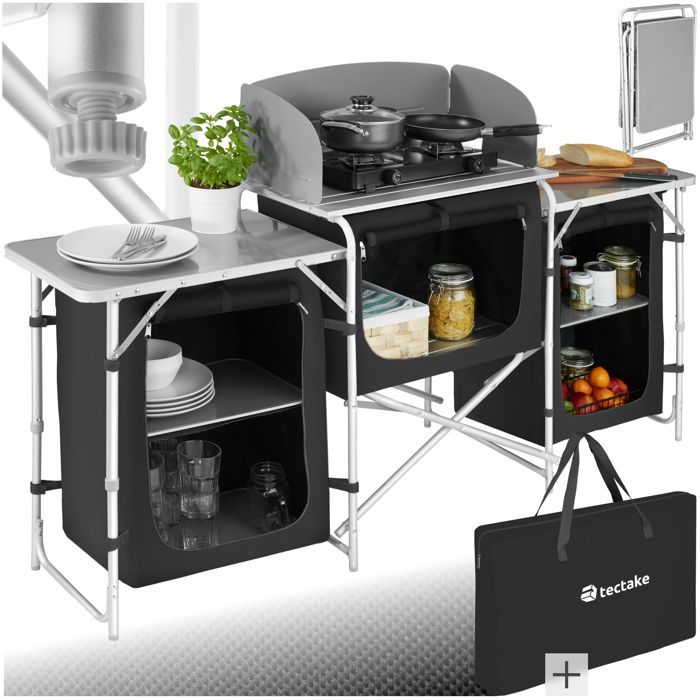 Muebles de camping - TECTAKE - Cocina de camping plegable con bolsa de transporte 172 x 52 x 104 cm - Negro