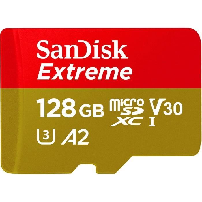 Carte Mémoire microSDXC SanDisk Extreme 128 Go + Adaptateur SD avec Performances Applicatives A2 jusqu'à 160 Mo/s, Classe 10, U3,