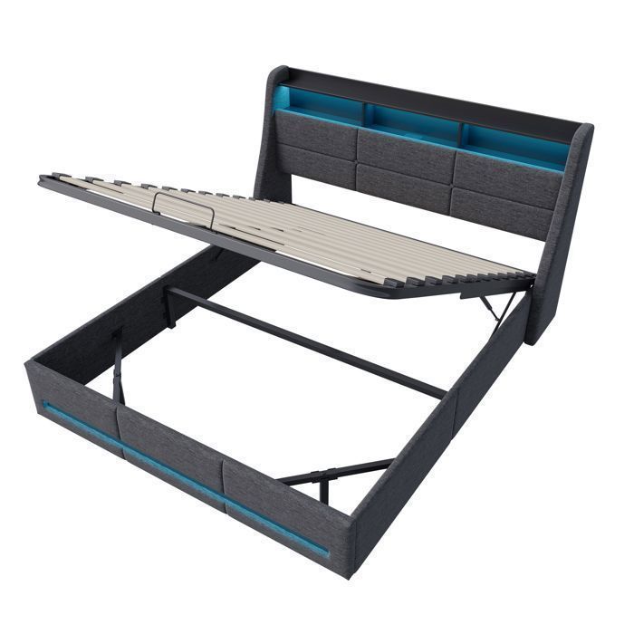Lit coffre 140x190 - SUNFECILI - Gris foncé - Avec sommier - LED et USB - 2 places
