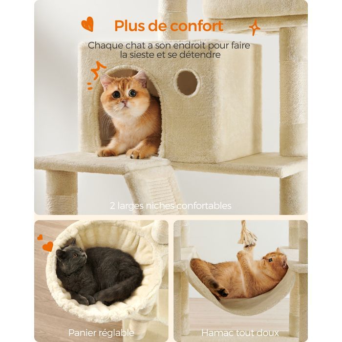 Arbre à Chat, Hauteur 203,5 cm, avec 13 Griffoirs, 2 Plate-forme, 2 Niches, Panier, Multi-niveaux pour Chat d'Intérieur, Beige