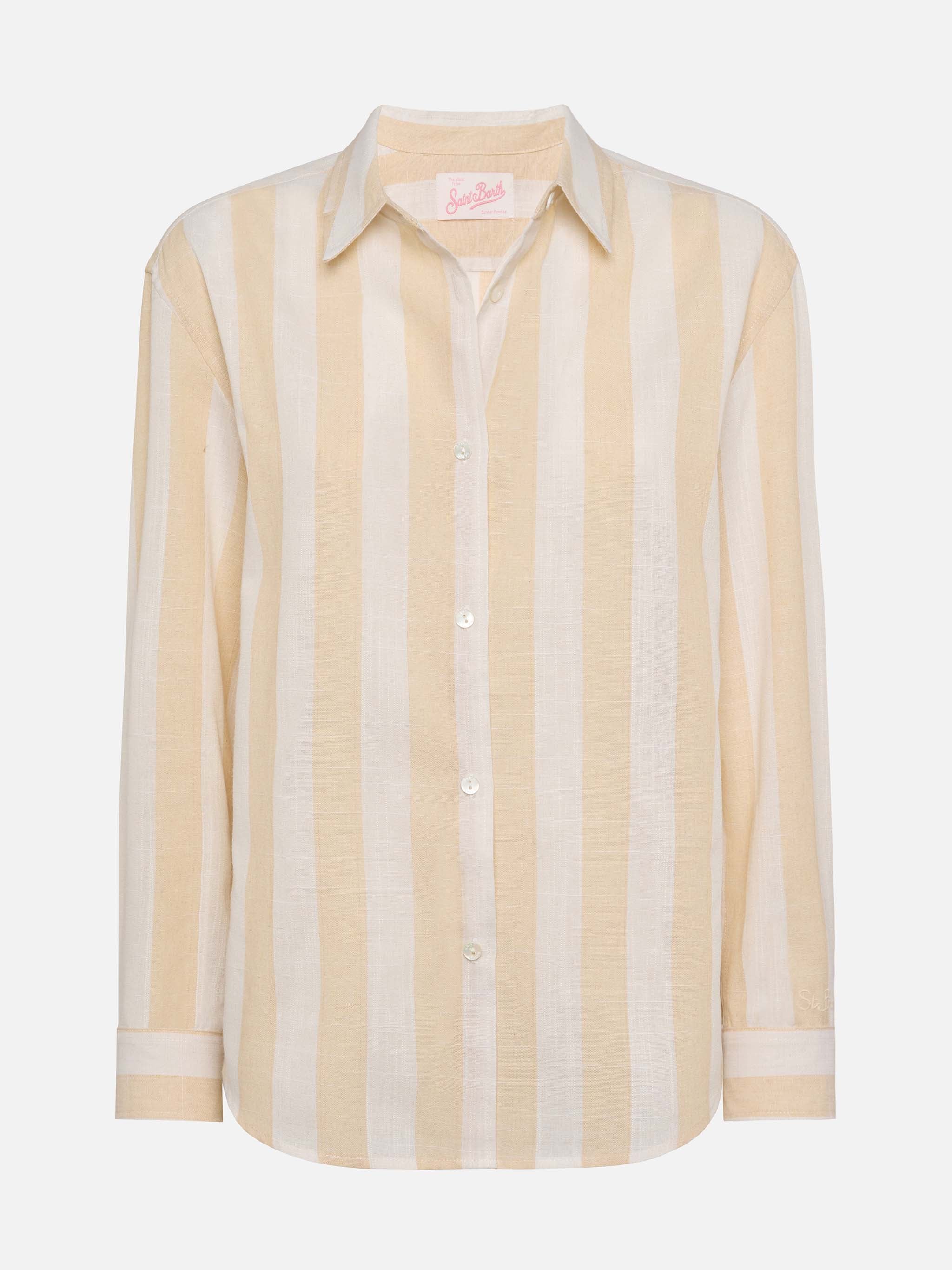 Klassieke Meredith linnen blouse met beige streepmotief.