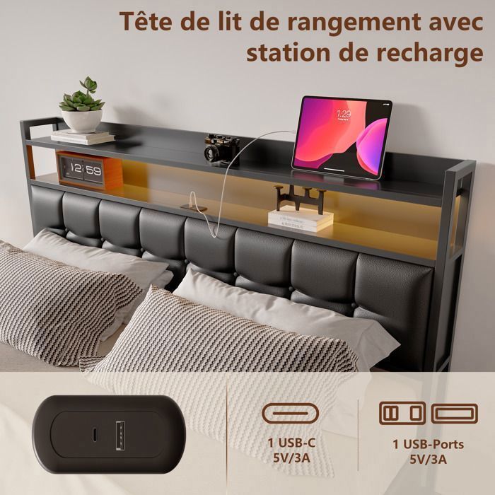 Cama con almacenamiento de 140x190 cm, USB, LED RGB, tela de PU, estructura de cama doble, cama para adultos, color negro.