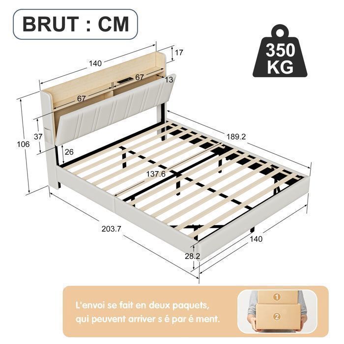 140x190 cm bed met lattenbodem - Tweepersoonsbed voor volwassenen met hoofdbord en opbergruimte - Zwevend bed met led- en usb-aansluiting - Geïntegreerd stopcontact - Wit PU