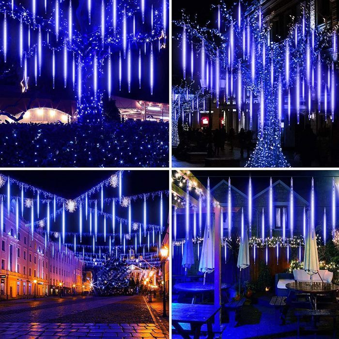 Kerstregen lichtslinger, 8 buizen van 30 cm, waterdichte LED-lampjes met meteorenregen-effect voor bruiloft, huis, boom of tuin – blauw