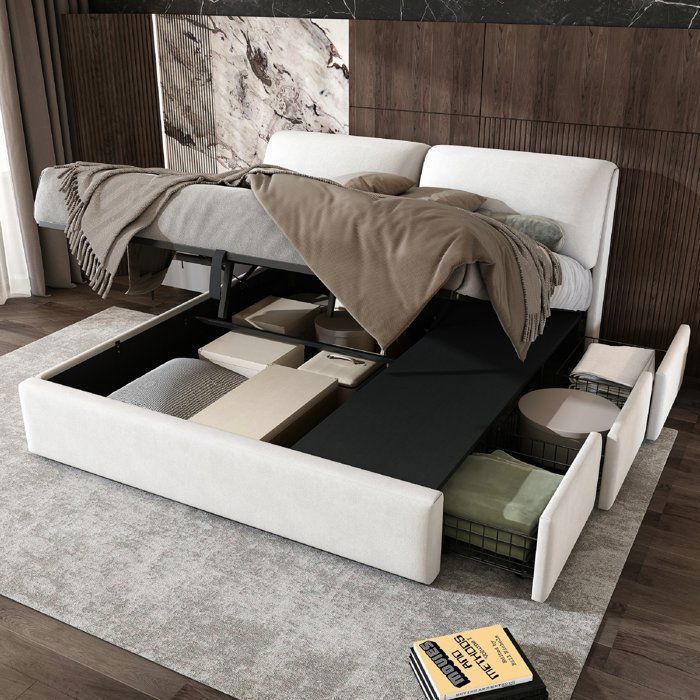 Cama O.Ye de 180x200 con base de listones, cama doble con 3 cajones de almacenamiento, tamaño king, estructura tapizada, color beige. CAMA COMPLETA.