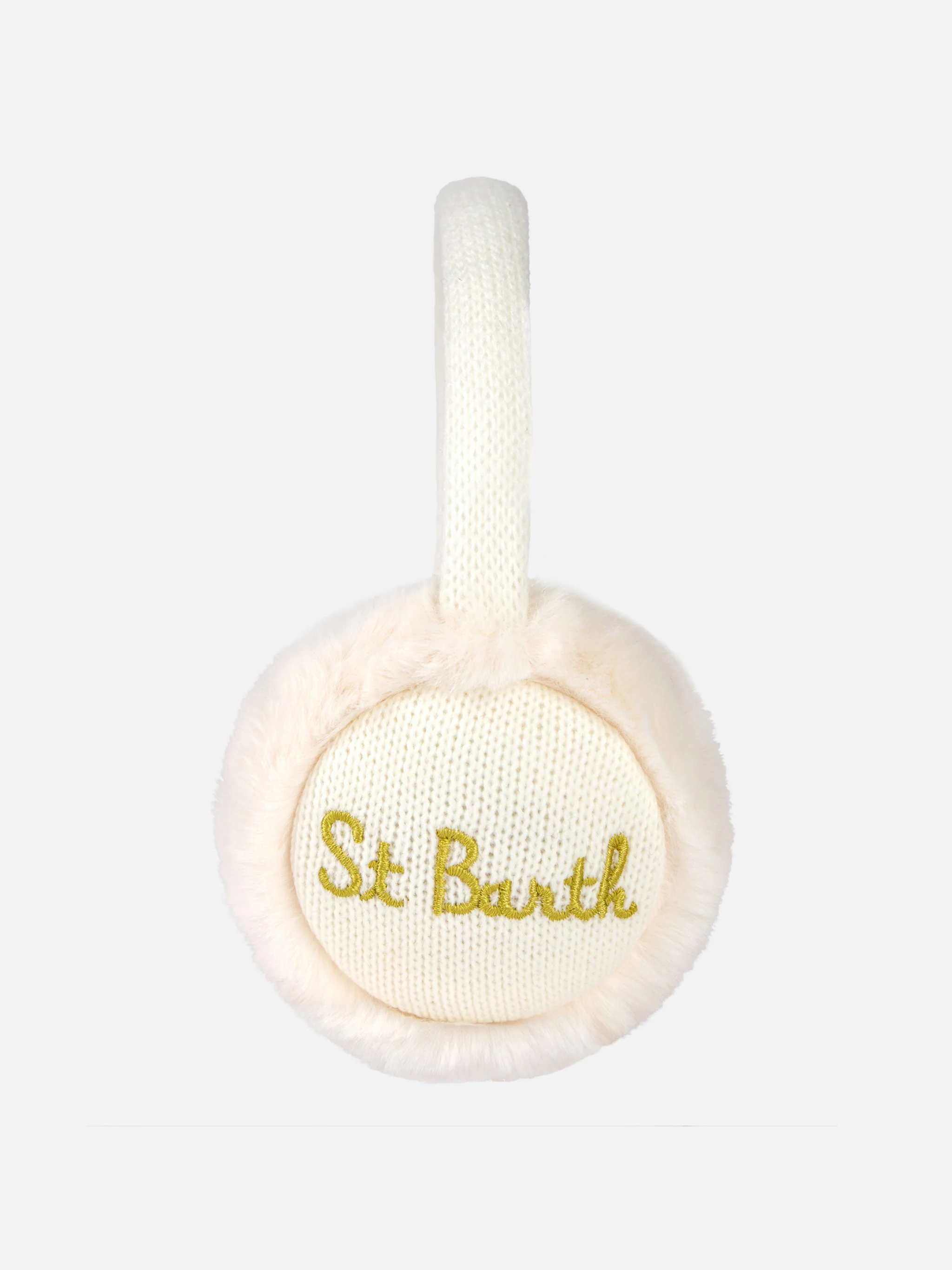 Witte tricot oorbeschermers voor dames met harige details.