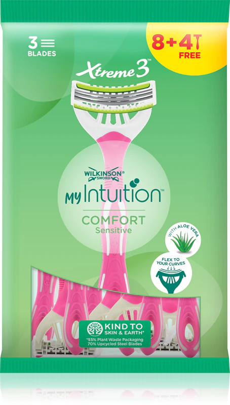 Aparelho de barbear descartável Wilkinson Sword My Intuition Xtreme3 Sensitive, pacote com 8 + 4 unidades.
