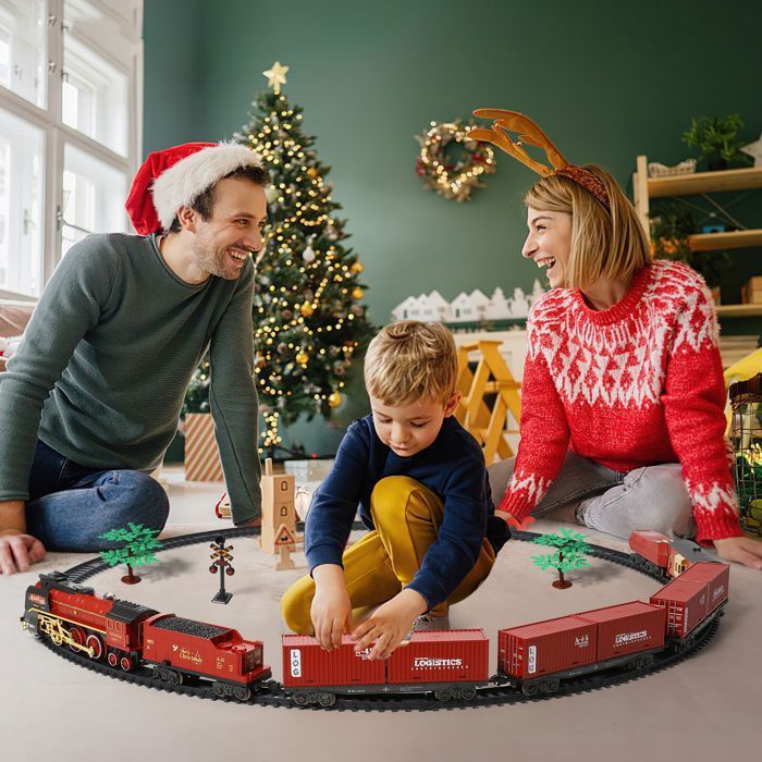 Tren eléctrico infantil con mando a distancia y luces navideñas - Circuito de tren eléctrico - 216 x 99 cm - 5 vagones - Luces y sonidos