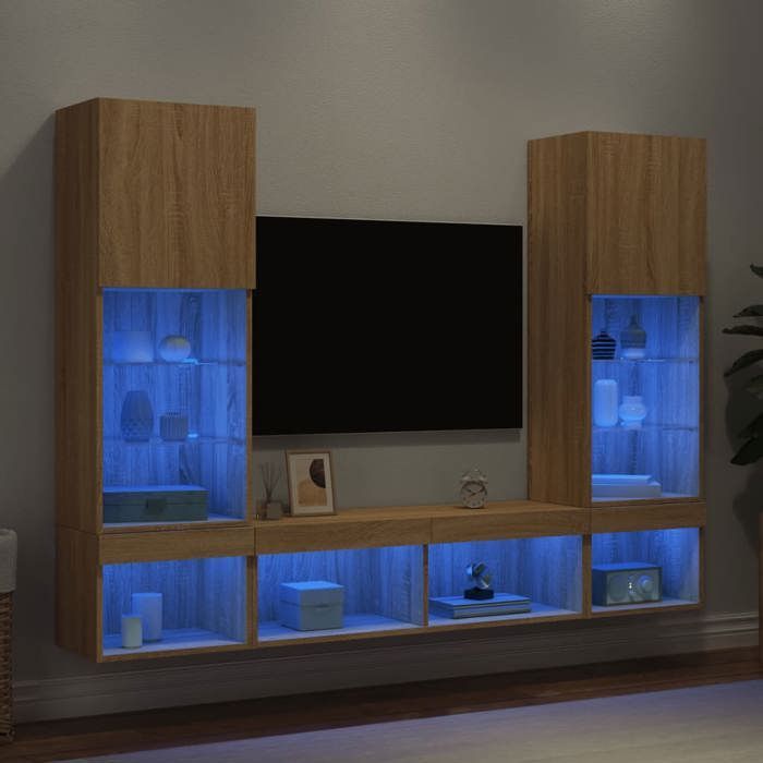 Mobile TV a parete vidaXL con LED, 5 pezzi, finitura rovere Sonoma, in legno ingegnerizzato, codice 3216692