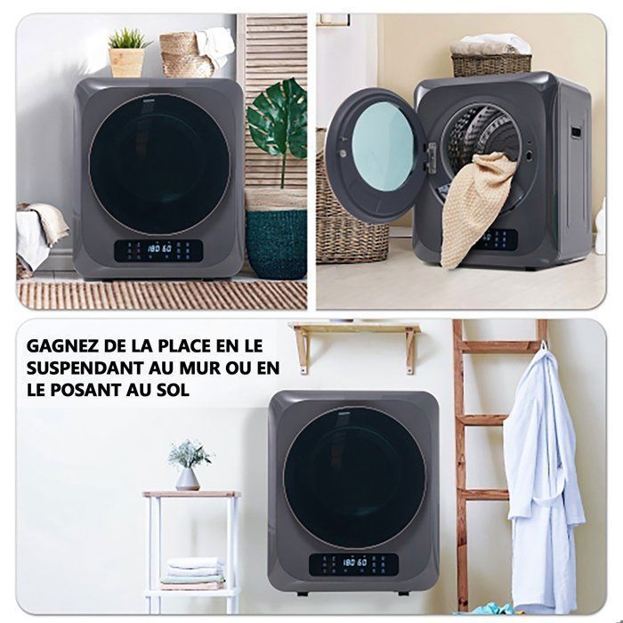 Secadora de roupa de 850 W, capacidade de 3 kg/4 kg, 6 programas, esterilização UV, proteção contra sobreaquecimento, montagem na parede, eficiente em termos energéticos.