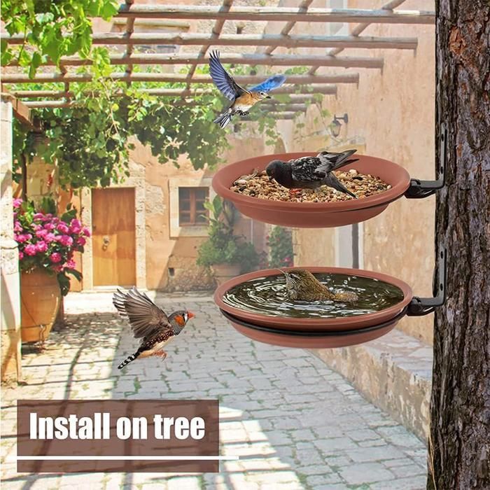 Lot de 2 Mangeoire Oiseaux et Abreuvoir Oiseaux - D21 x 3.5H cm polypropylène - Mangeoire pour oiseaux sauvages pour Jardin, Parc