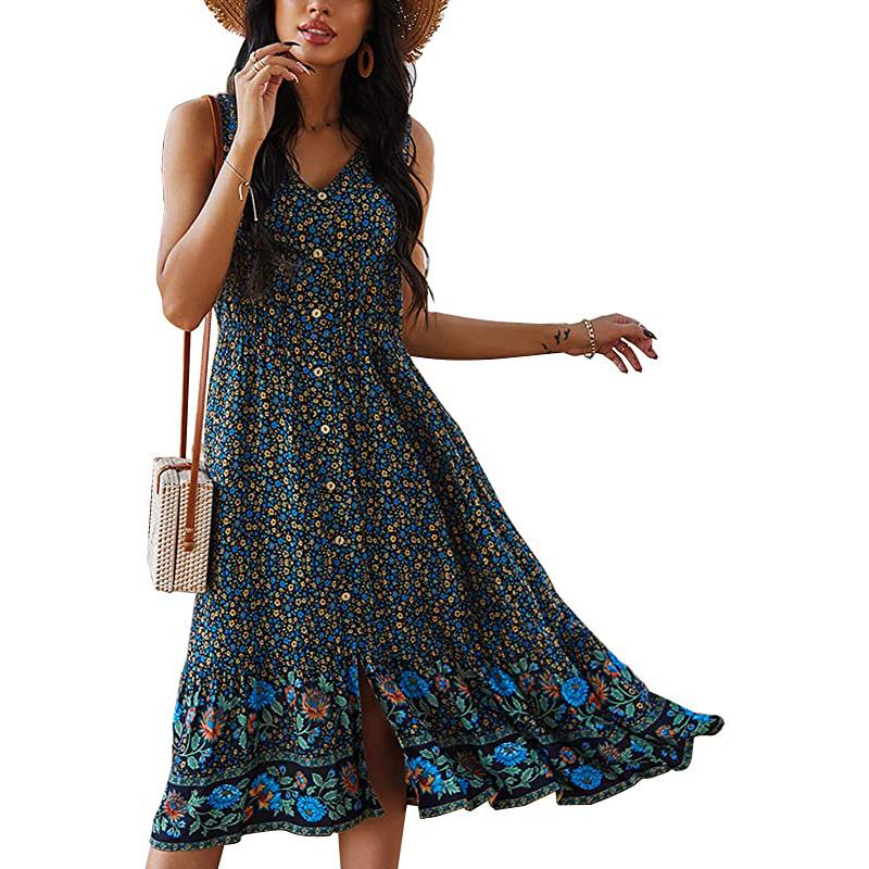 Robe sans manches à motif floral bleu marine S