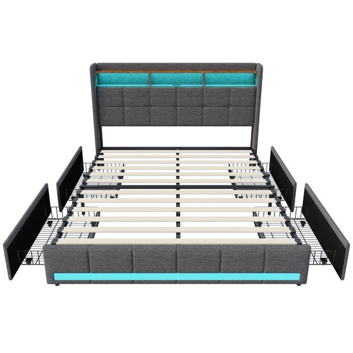 Lit 140 x 190 avec sommier,lit 2 personnes avec tiroirs,LED et USB,lit double capitonné avec cadre à lattes de bois,lin gris