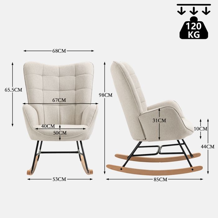 COSY FURNITURE Poltrona a dondolo scandinava per allattamento con braccioli in tessuto beige con cuciture a vista - FUNKEL