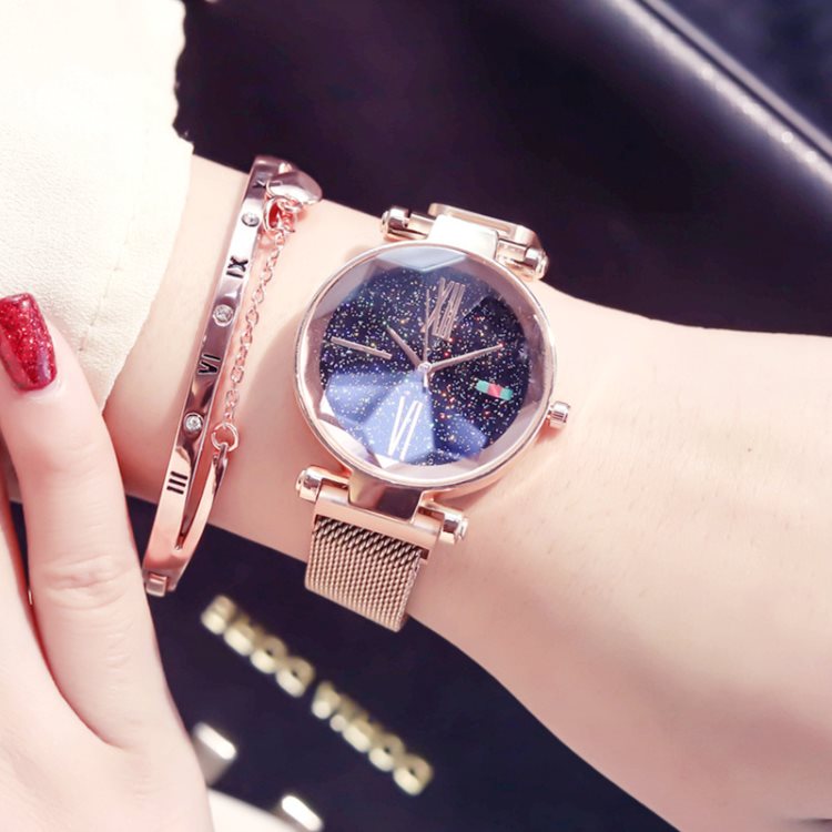 Rose Gold Luxury Fashion Women Magnet Buckle Strap Watches Ulzzang Brand Roman Numeral Starry Sky Female Wristwatches Waterproof