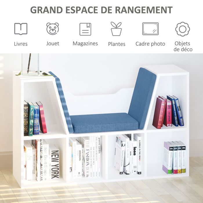 Banco-estantería 2 en 1 - HOMCOM - Estantería cúbica de 6 compartimentos, mueble de almacenamiento para salón - Madera - 102x30x61cm - Azul