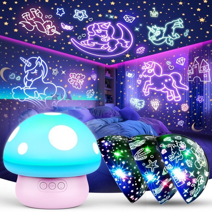 Lámpara de noche infantil ATOPDREAM con forma de seta, estrellas, unicornios y sirenas intercambiables, rotación de 360°, temporizador, color azul.
