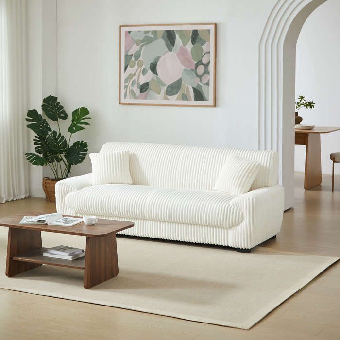 Conjunto de sofá de 3 plazas y sillón ADEA en pana beige.
