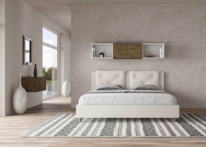 Cama king size con almacenamiento - Ityhome - Appia - Piel sintética blanca - 200x210 cm - Cabecero tapizado
