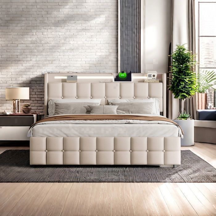 Letto matrimoniale EIFSON 180 x 200 cm con rete a doghe, illuminazione a LED e porta USB, 4 cassetti, rivestimento in lino, colore beige.