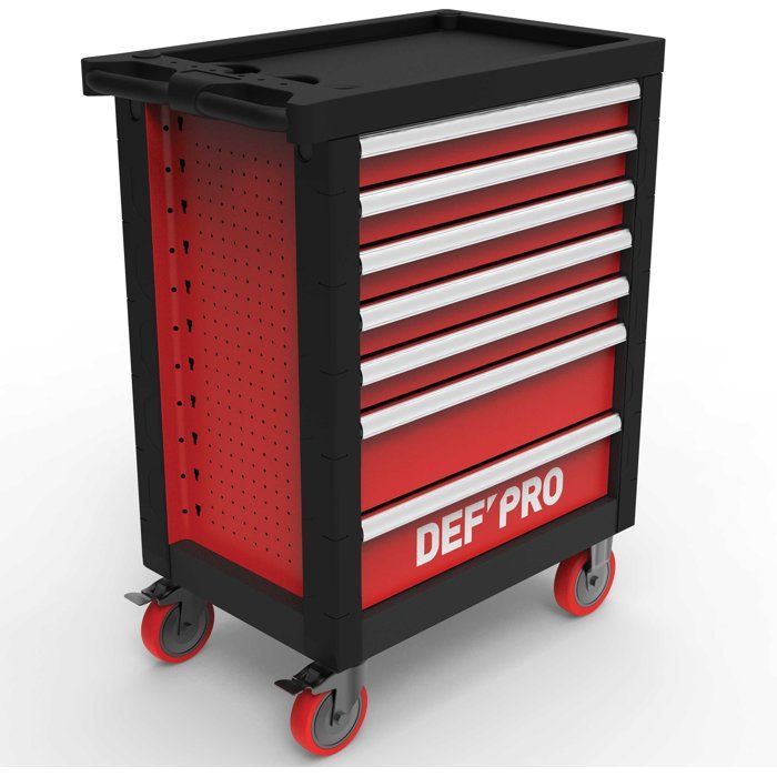Servante d’atelier 7 tiroirs + 283 outils - Defpro - Noir/rouge - Charge 300 kg - Roues freinées