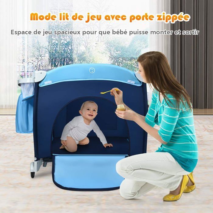 COSTWAY 4-in-1 Baby Bed: Crib, Changing Table, Playpen - Rocking Function - Music Box with Lights - Easy Folding - Blue