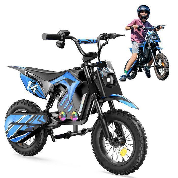 Moto électrique pour enfants A14 Bleu, 500W, 3 Vitesses 8-27KM/H, Pneus 14’’ tout-terrain, Autonomie 22 km, Bluetooth, Amortisseurs
