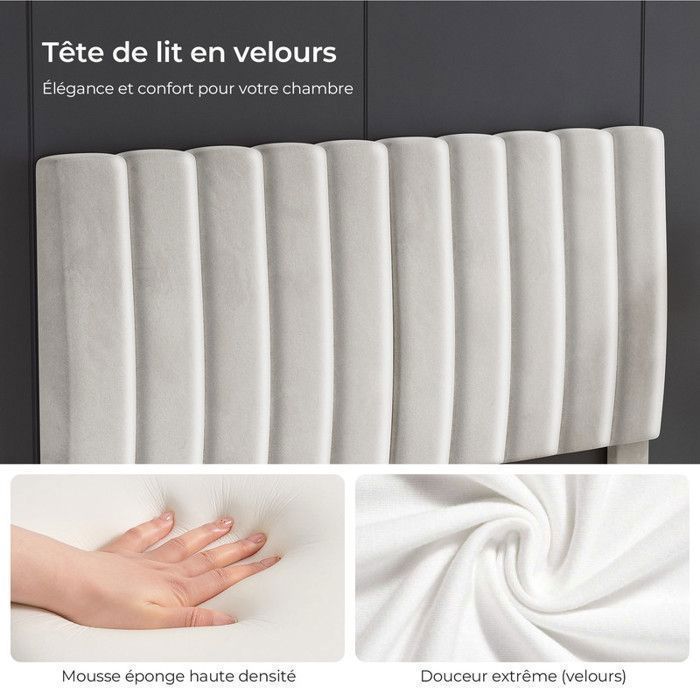 Cama HavenlyHome de 160x200 cm, tapizada en terciopelo con cabecero y somier de láminas, para dos personas, color beige.