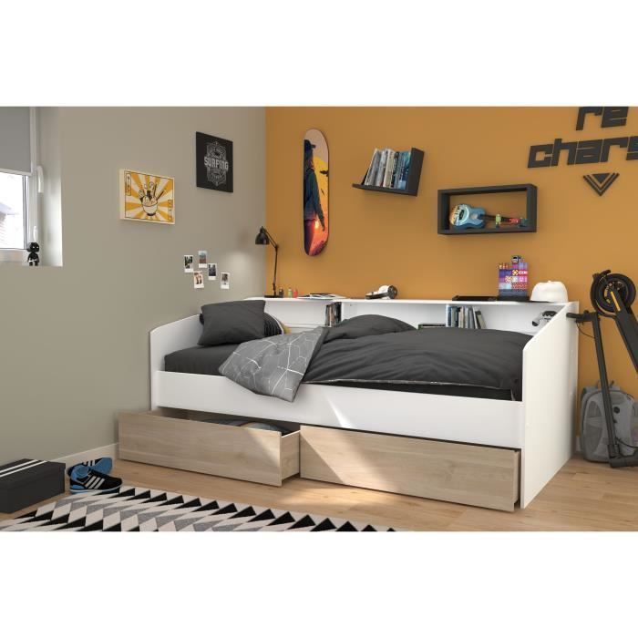 Divano letto con 2 cassetti, 90 x 200/190 cm - MDF - Finitura rovere opaco e bianco - JOY - 2339ENSE