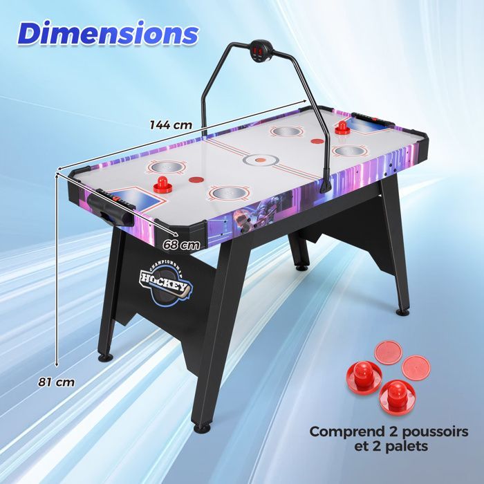 COSTWAY Airhockeytafel, 12V-motor, luchtkussen, LED-digitale scoreweergave, dispensers, 2 puckwerpers, speeloppervlak 133x65 cm