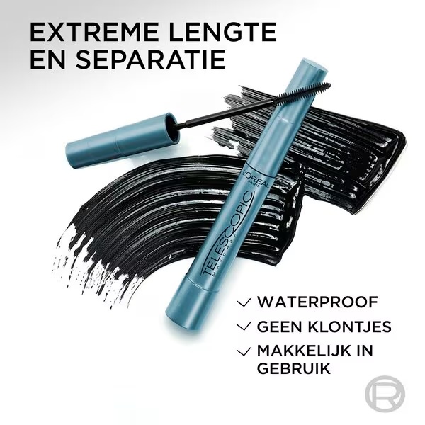 „L'Oréal Paris Telescopic Black“ vandeniui atsparus tušas, 8 ml
