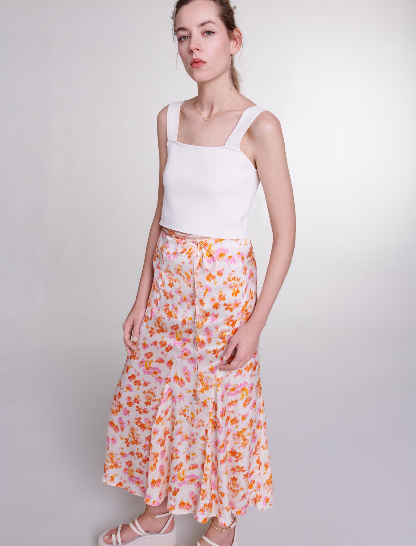 Satijnen rok met bloemenprint-imprimé printemps fleur oranje