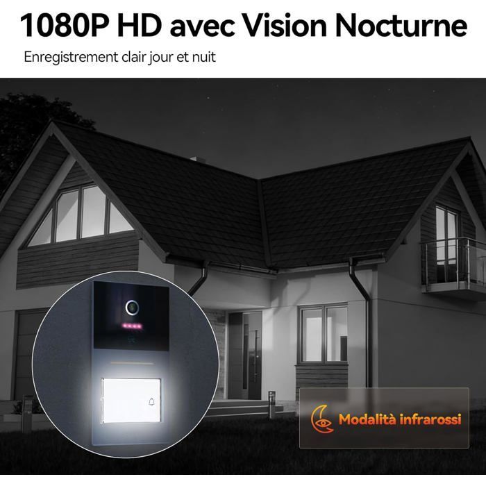 Videocitofono Wi-Fi a 2 fili con touchscreen, visione notturna, sblocco remoto, RFID e rilevamento di persone.