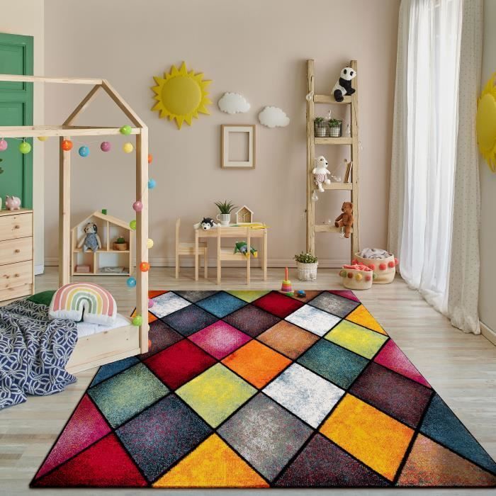 Paco Home Tapis Salon Chambre Adulte Poils Ras Motif Geometrique Losange Gris Vert Jaune 160x230 cm