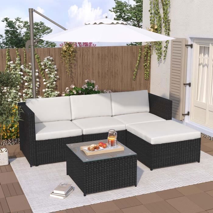 Set da giardino composto da divano angolare da esterno a 4 posti con tavolino, in resina intrecciata, nero.