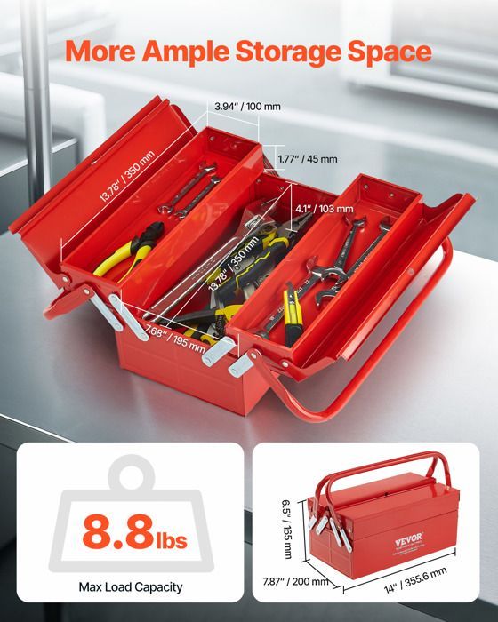 Boîte à Outils Métal 355,6 mm-VEVOR-Caisse à Outils 2 Niveaux, Organisateur Coffre Outils Pliable 2 Plateaux, Couvercle Rabattable