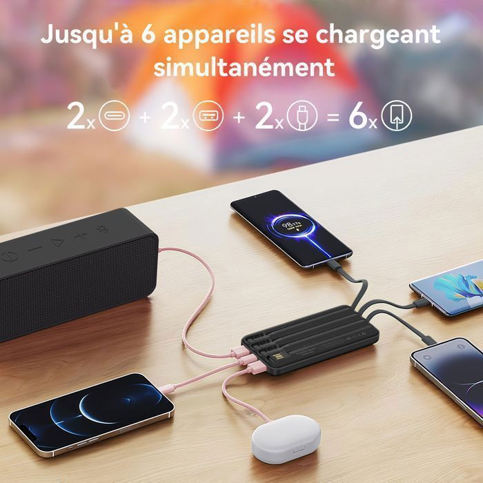 Batterie Externe Noire 20000mAh avec 4 Câbles Intégrés, 6 Sorties, 3 Entrées et Affichage LED, Power Bank Portable