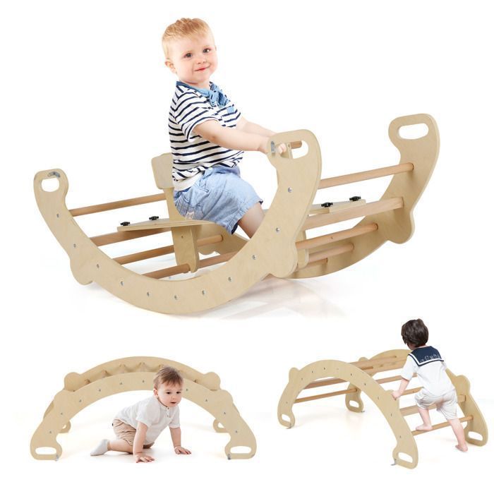 DREAMADE Juguete balancín de madera 4 en 1 para niños de 1 año en adelante, juguete Montessori con arco para trepar, túnel para gatear y caballito balancín.