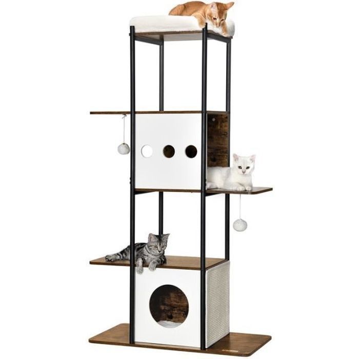 Árbol rascador para gatos, 153 cm, con postes rascadores, cojines extraíbles y lavables, plataformas grandes, color marrón rústico.