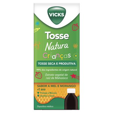 Vicks naturlig hostesirup for barn, med honning- og jordbærsmak, for tørr og produktiv hoste hos barn, 140 ml