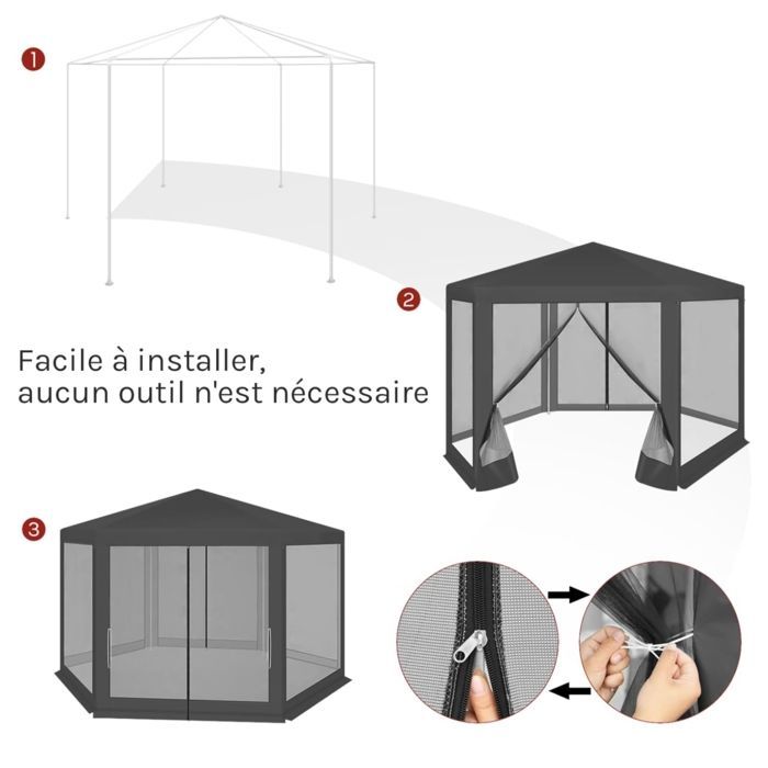 Cenador de jardín WOLTU - Hexagonal - Pérgola de jardín - Mosquitera transpirable - 3,8 x 3,3 m - Gris