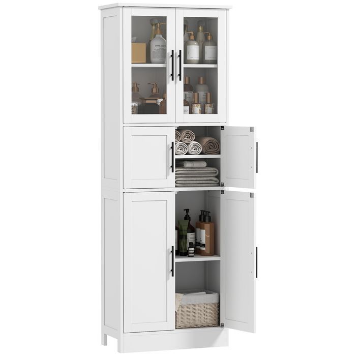 Badkamerkast - HOMCOM - 6 planken - 6 deuren, waarvan 2 van glas, verstelbare planken - MDF - 60x30x170cm - wit