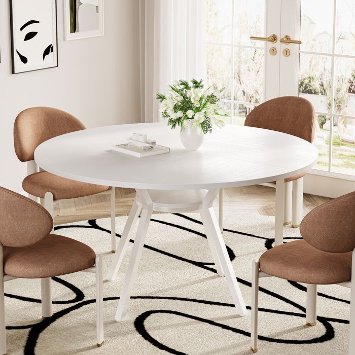 Tavolo da pranzo rotondo, Little Tree, 120×120×75 cm, tavolo da cucina con piano effetto MDF e gambe in metallo, bianco