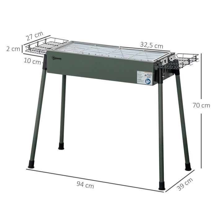 Barbacoa de carbón Outsunny - 2 parrillas con patas desmontables, 2 cestas - acero - 94x39x70cm - verde oscuro
